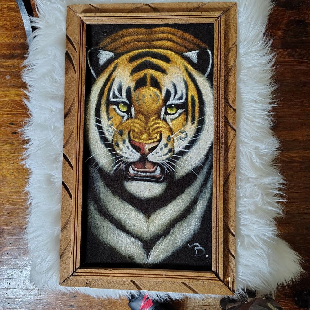 Black Velvet VTG Hand Painted Tiger Framed 23x14